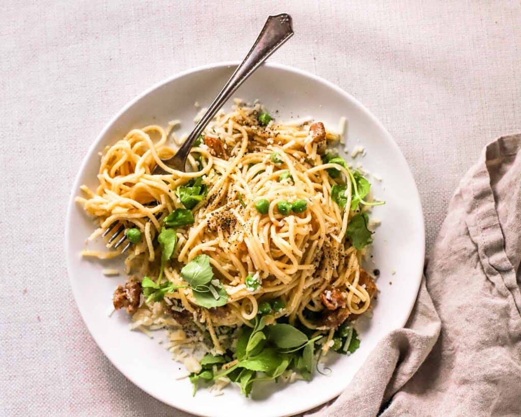 Pasta Carbonara with English Peas and Pea Tendrils